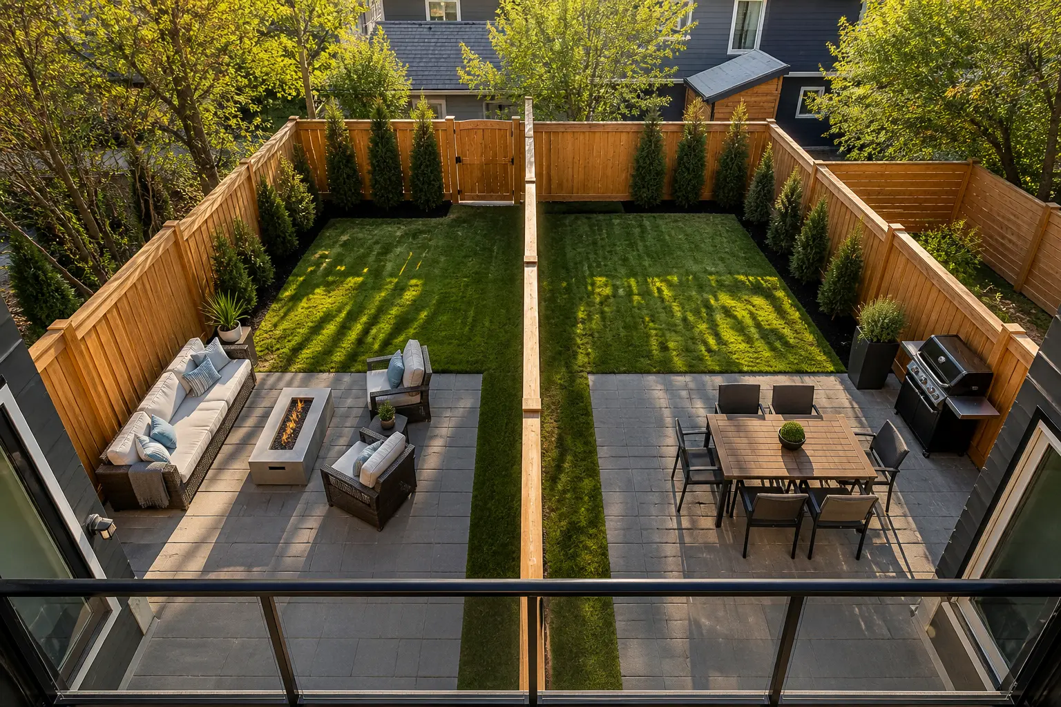 Elevated view of a fenced backyard divided down the middle into two private patios and lawns, one for each household