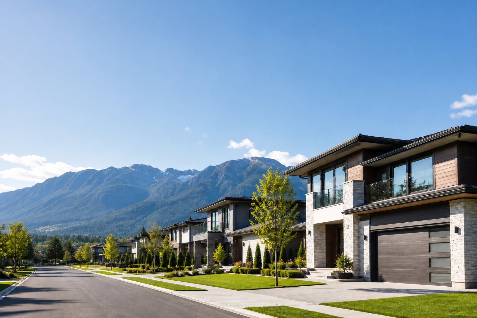 A street of modern homes with mountains behind