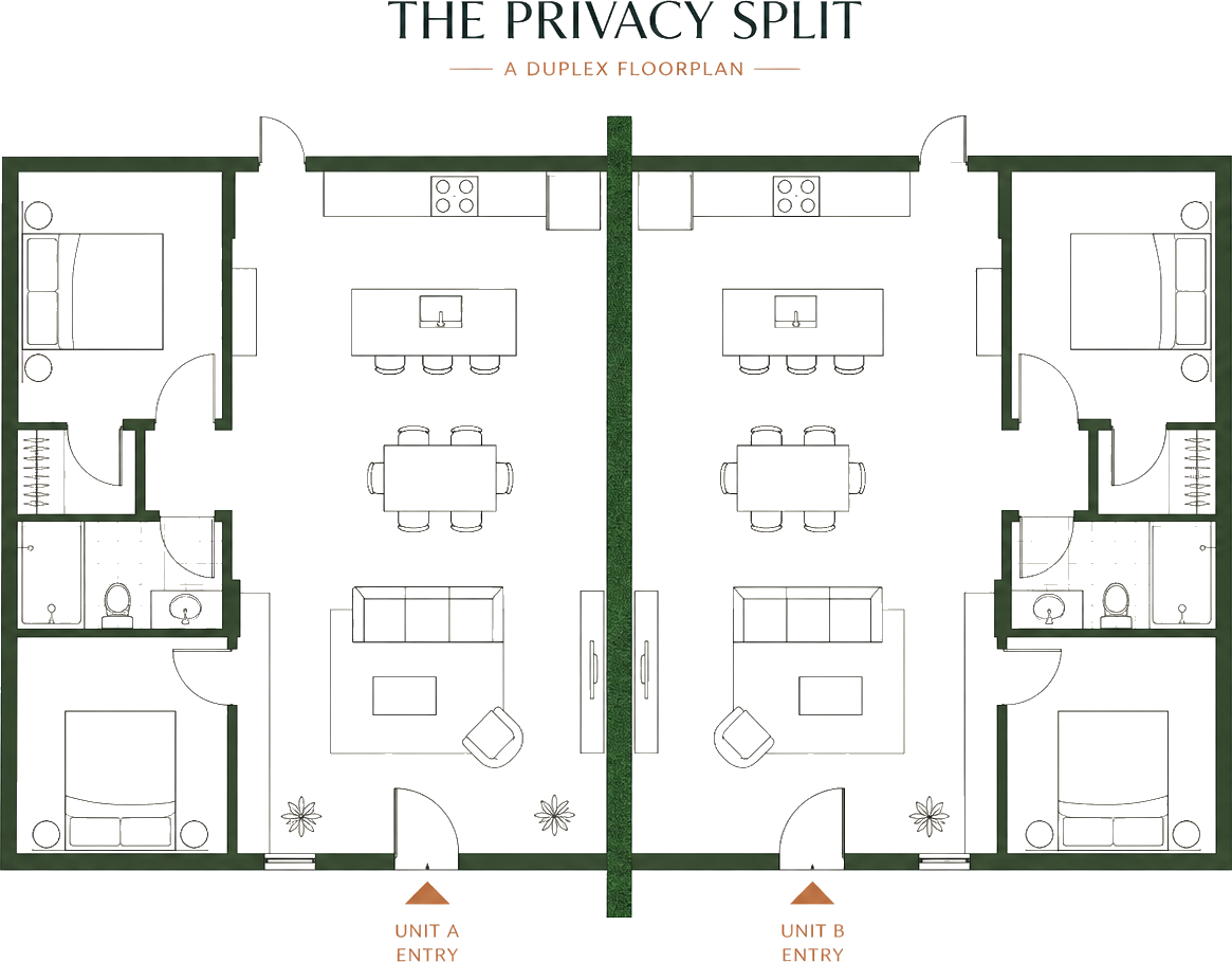 Floorplan diagram of a duplex split into Unit A and Unit B with separate entries
