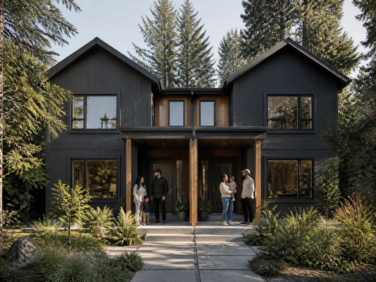 Two young families standing outside a modern duplex, one family at each of its two front doors