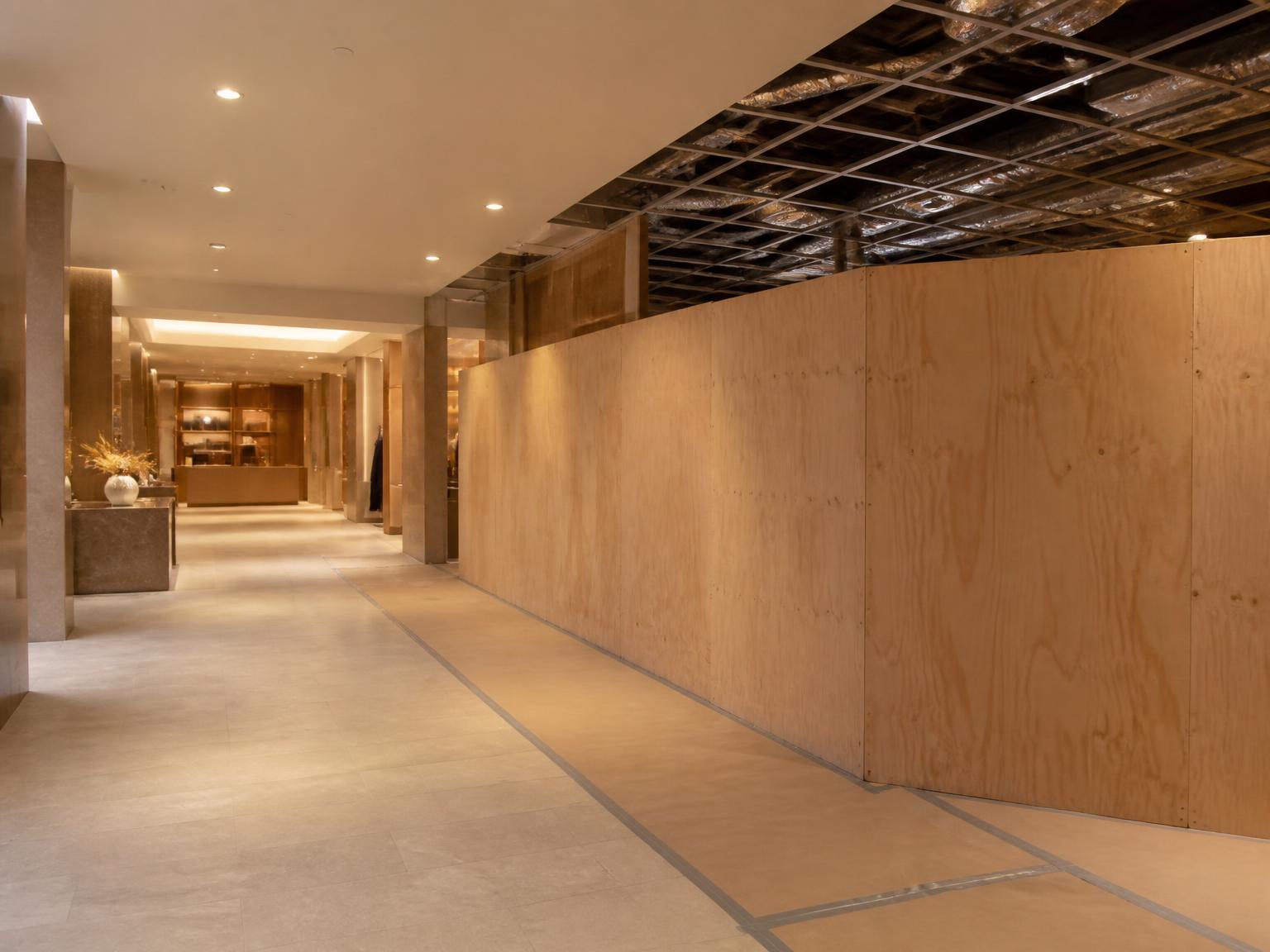 A temporary hoarding wall closing off a work zone beneath a finished, lit ceiling