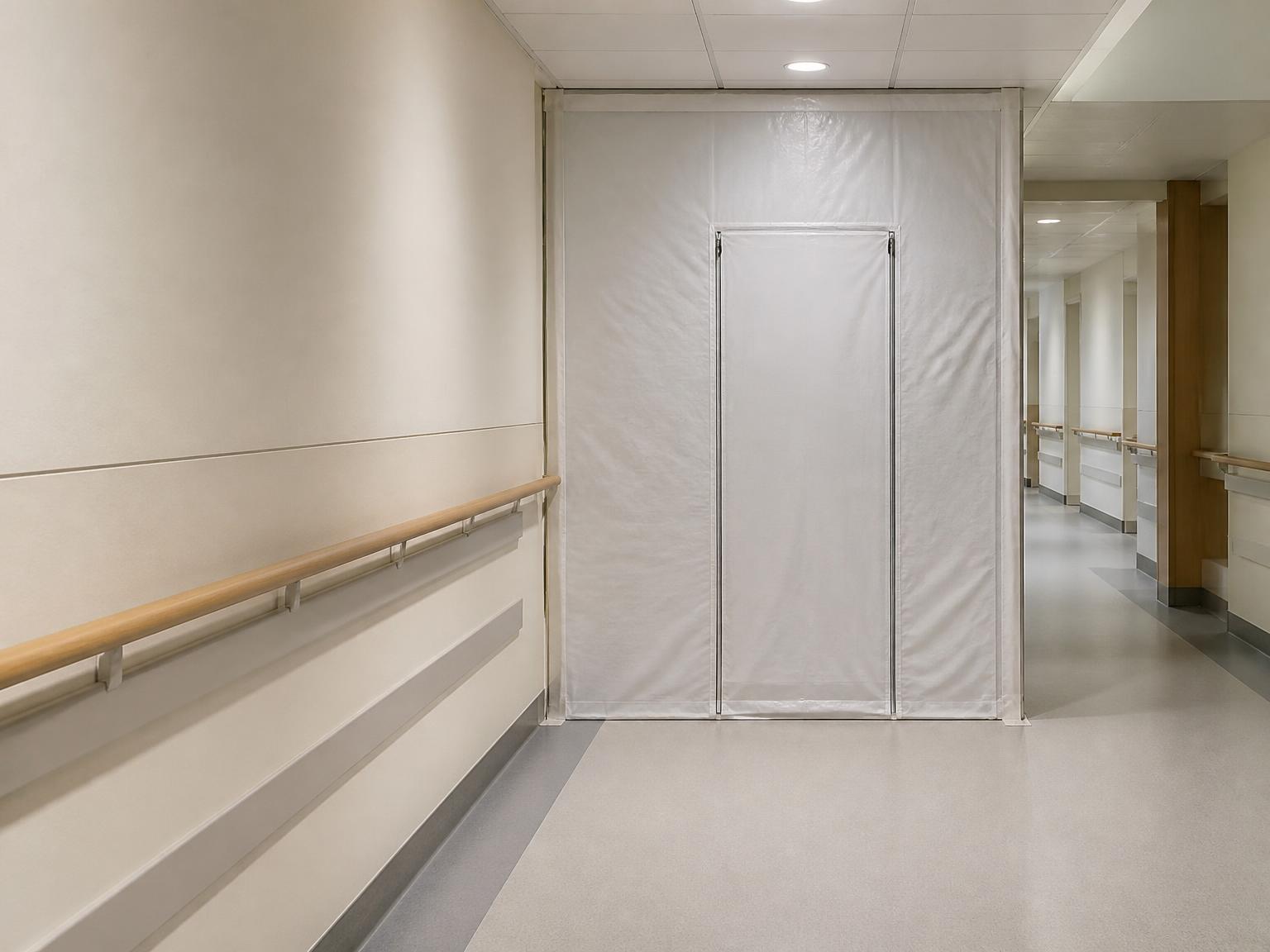 A sealed containment hoarding with a zipped access panel across a hospital corridor