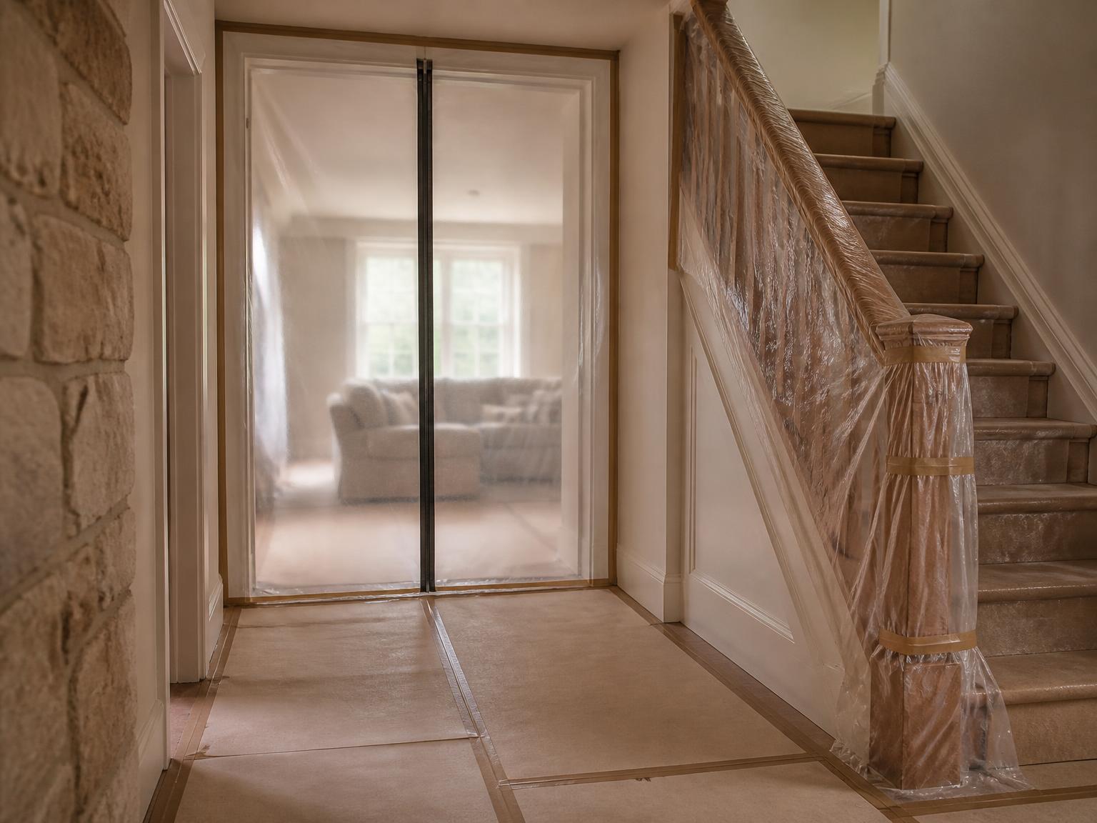 A dust barrier zipped across a doorway and floor protection laid over a timber floor in an occupied house