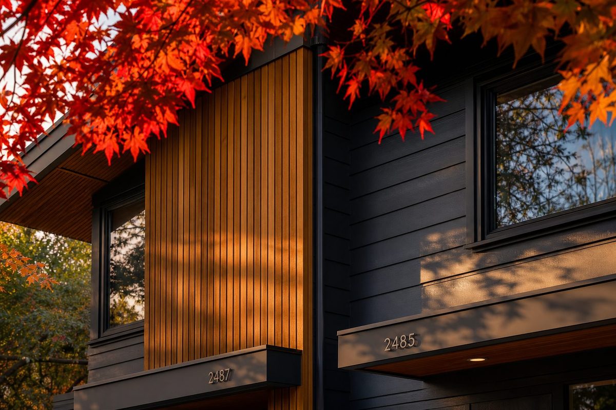Close view of the corner where vertical cedar cladding meets dark siding, framed by a red maple in autumn