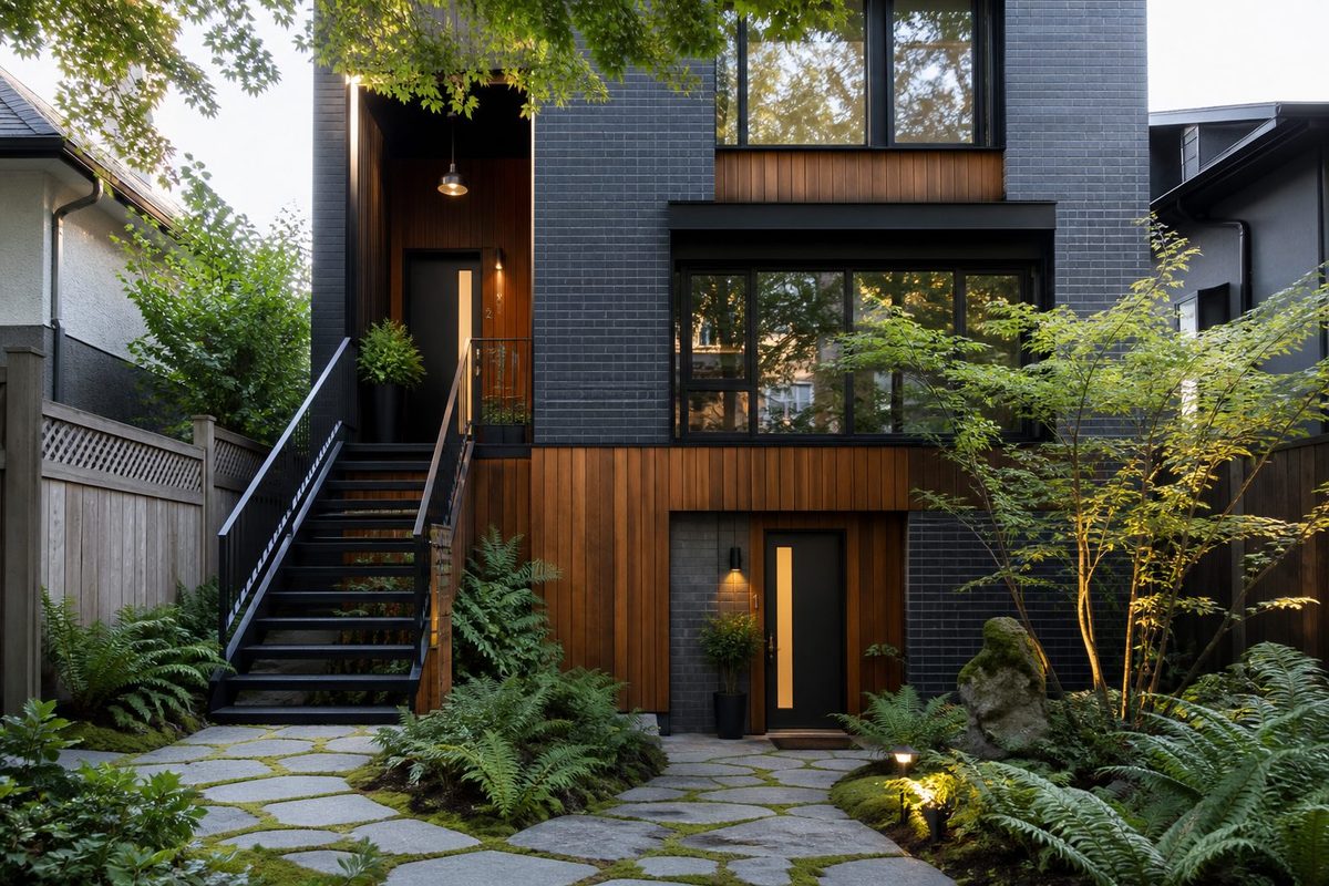 Dark brick and cedar house with a lit door at ground level and a black exterior stair rising to a second separate entry