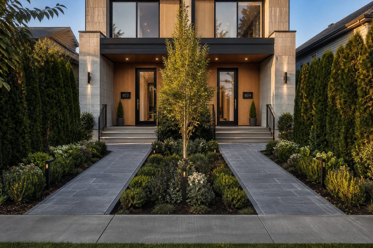 A symmetrical modern duplex seen from the street, with two matching front entries and a separate paved path leading to each one