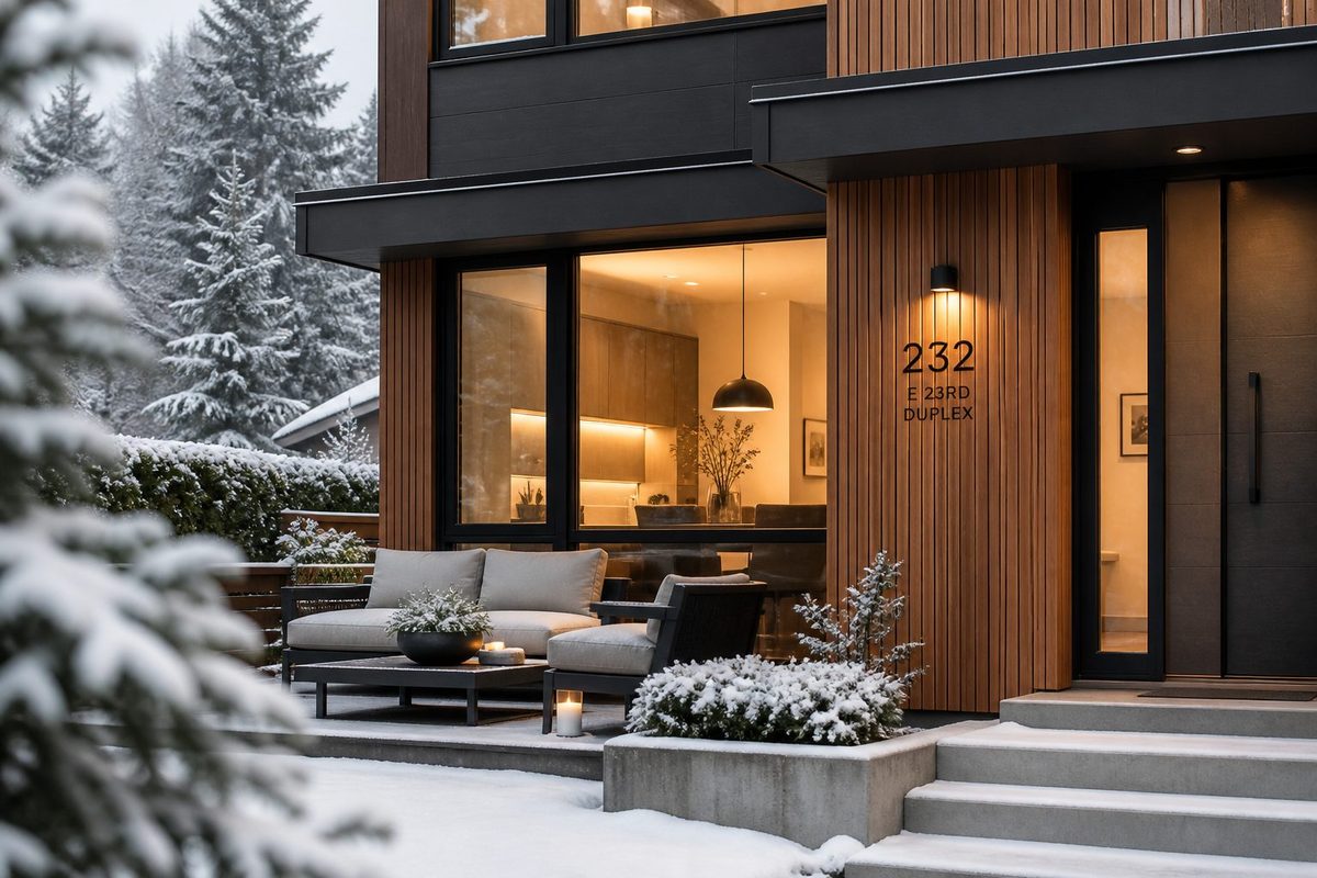 A cedar clad home on a winter evening with the interior lit and a furnished terrace beside the entry