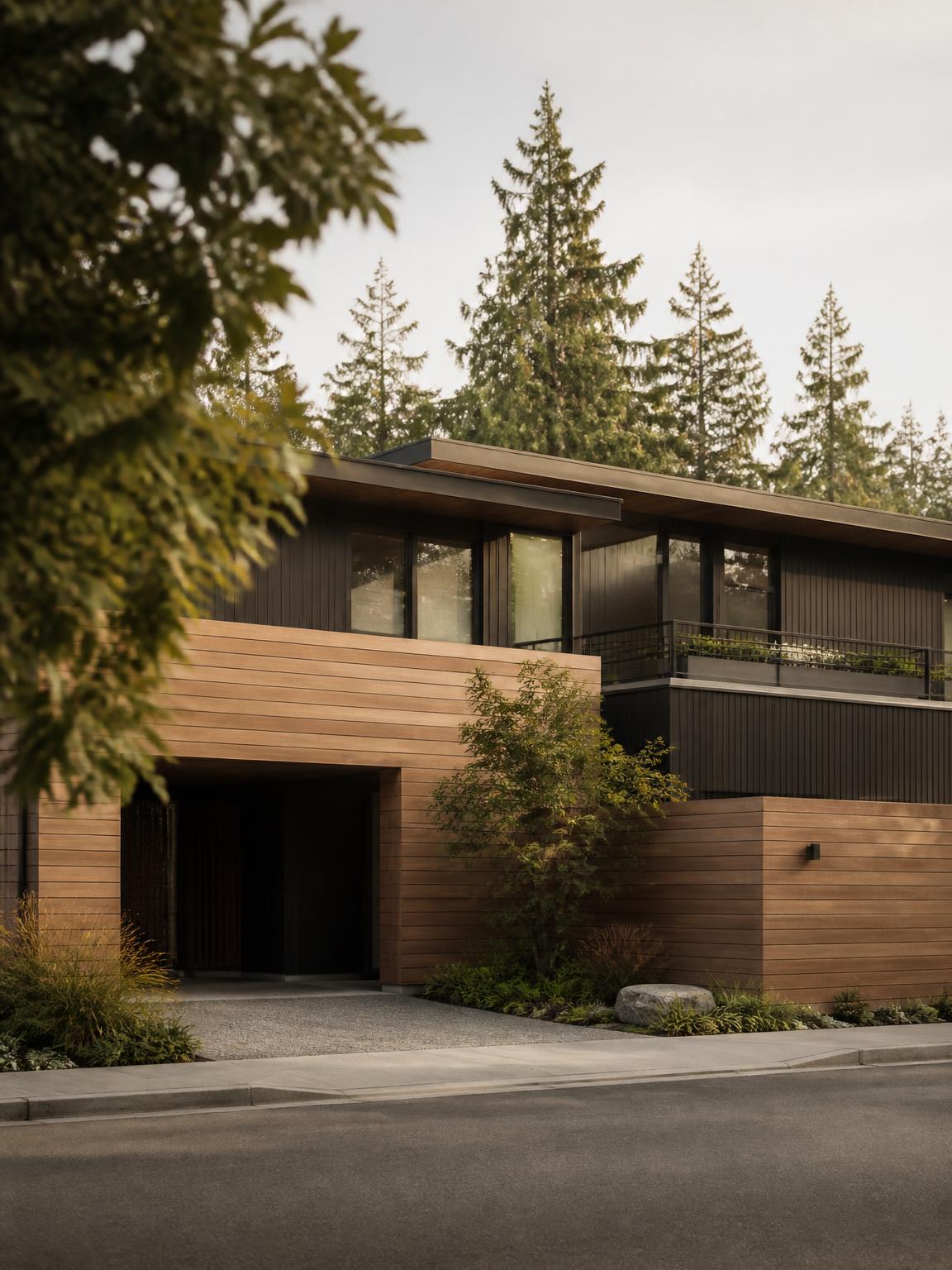 A modern West Coast home seen from the street in late afternoon light