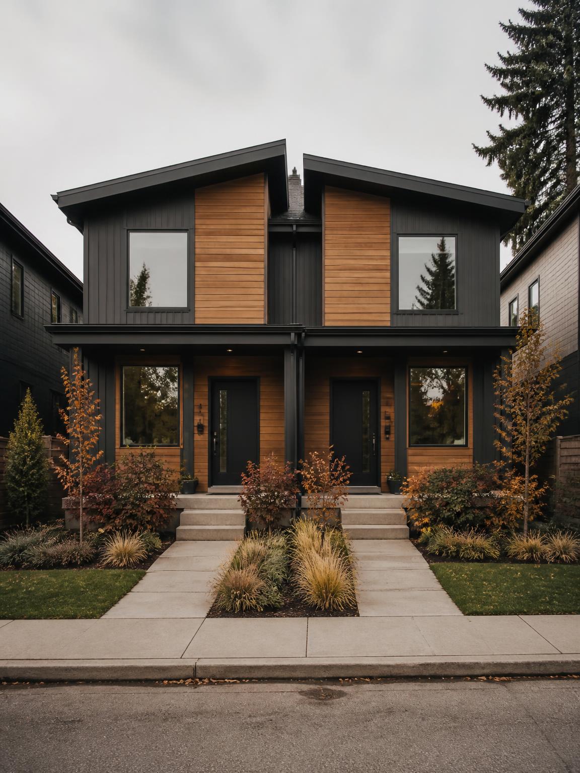 A side-by-side duplex with two separate front doors under one roofline