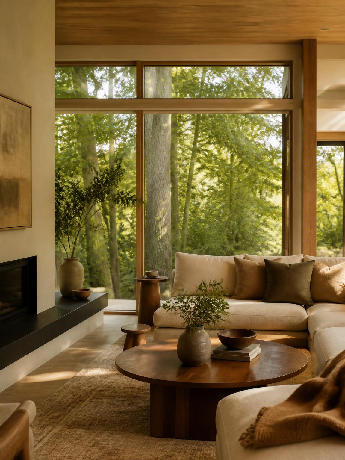 A bright living room with windows onto trees
