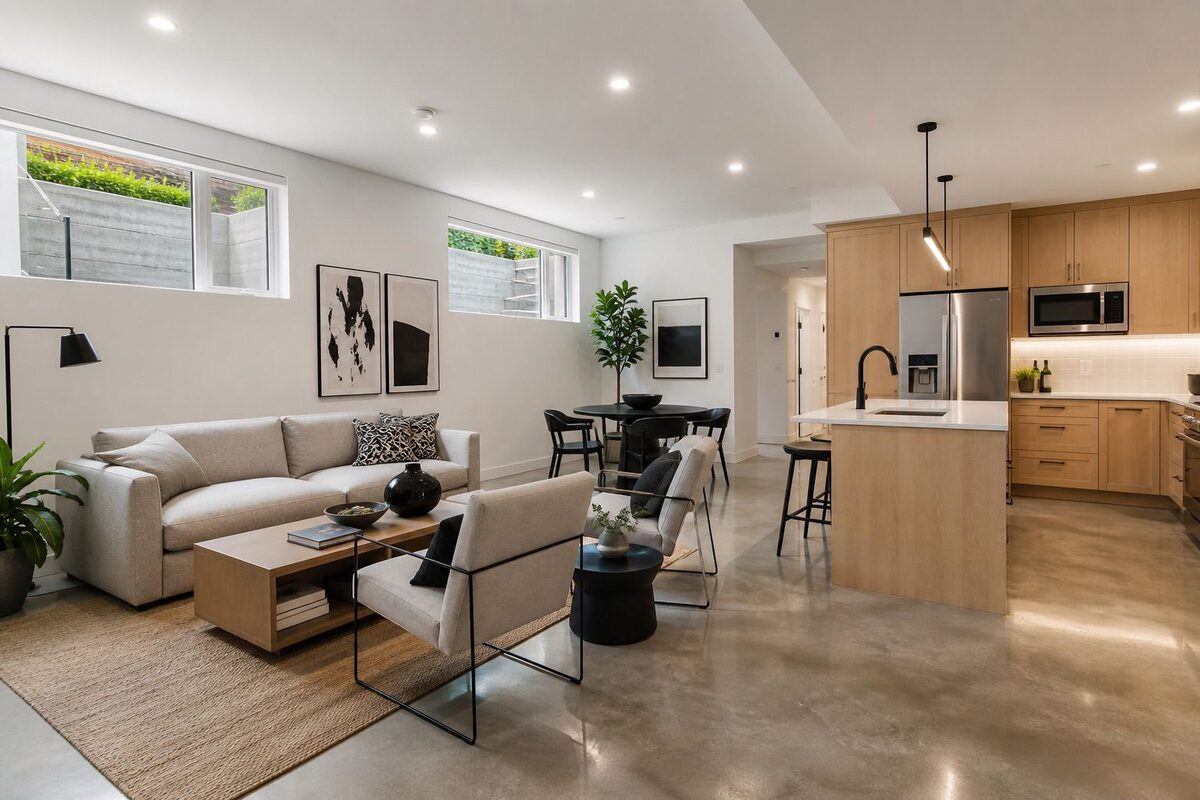 A finished lower level suite with its own kitchen, dining area and living room, lit by full height windows at ground level
