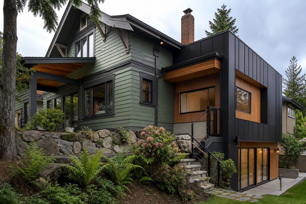 A dark clad modern addition built onto the side and rear of an older painted timber house
