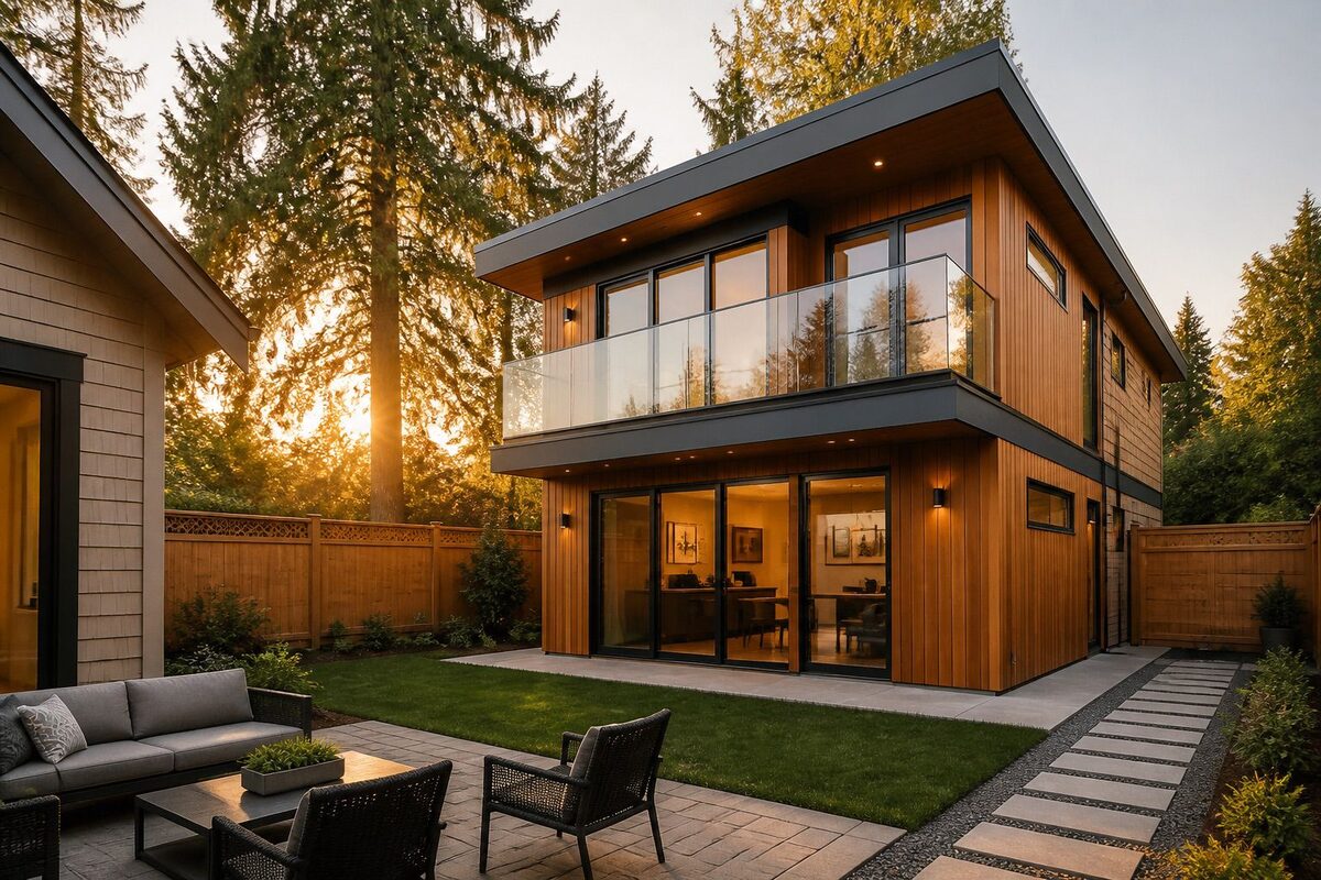 A two storey laneway house with cedar cladding and a glass balcony, lit from inside at dusk, across a lawn from the main house