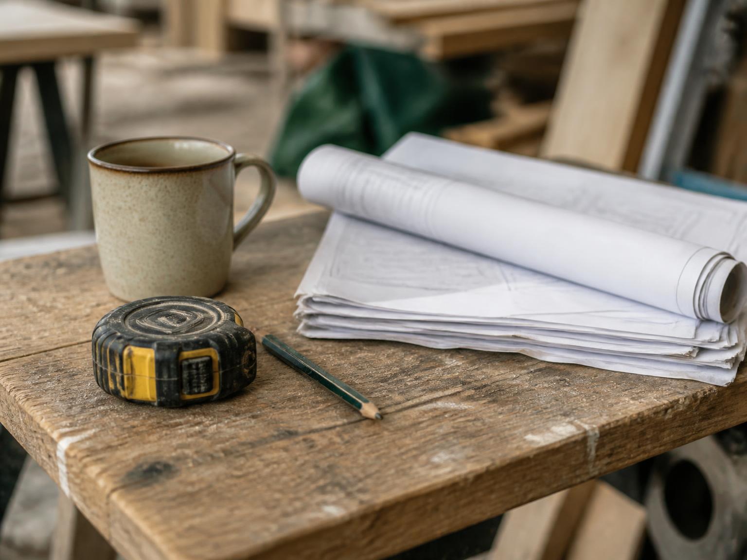 A tape measure, a pencil and folded drawings on a contractor's workbench