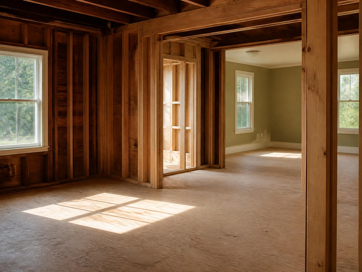 The interior of an older house opened up to the studs, daylight on a bare subfloor