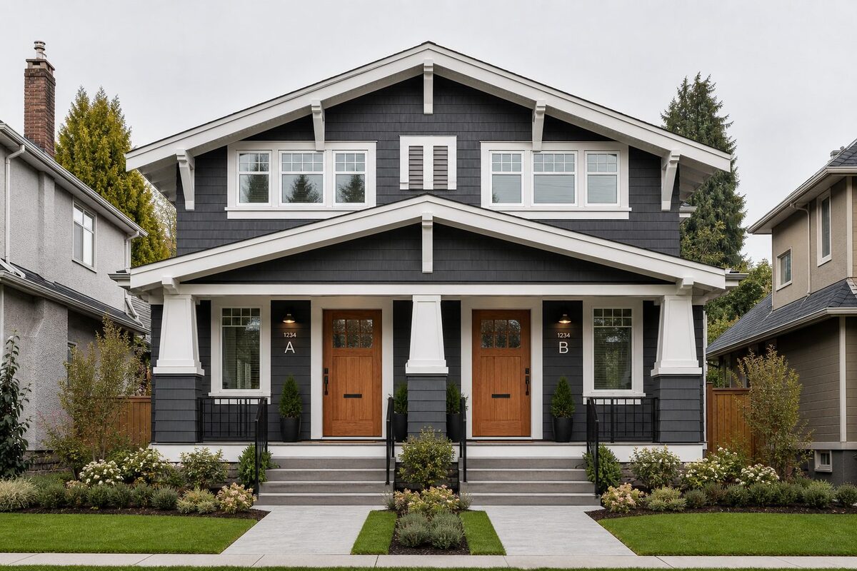 A grey craftsman house with twin covered porches and a separate front door at each end