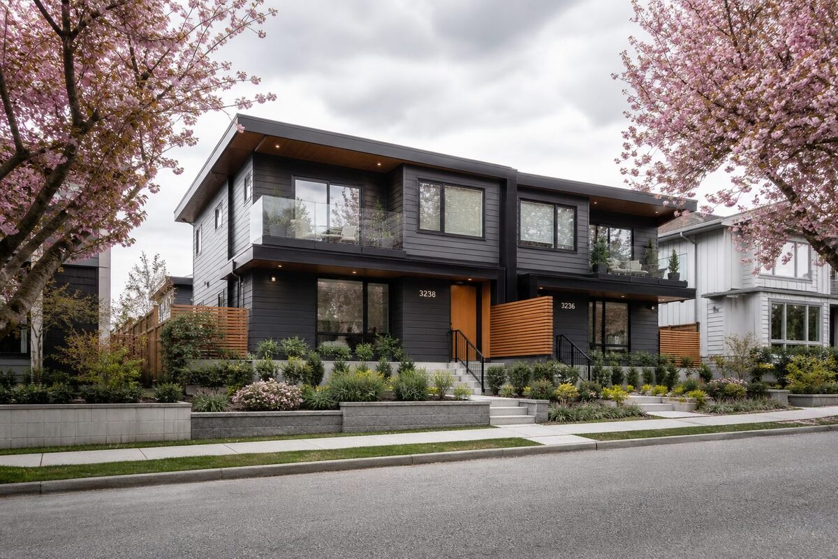 A dark clad modern split home behind a cherry tree in blossom, seen from across the street