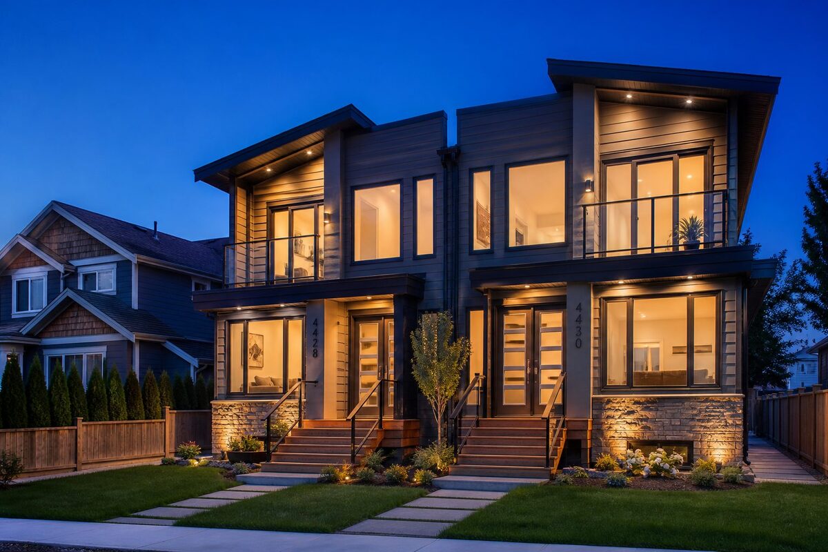 Two separate entry stairs leading to two front doors, both homes lit from inside at blue hour