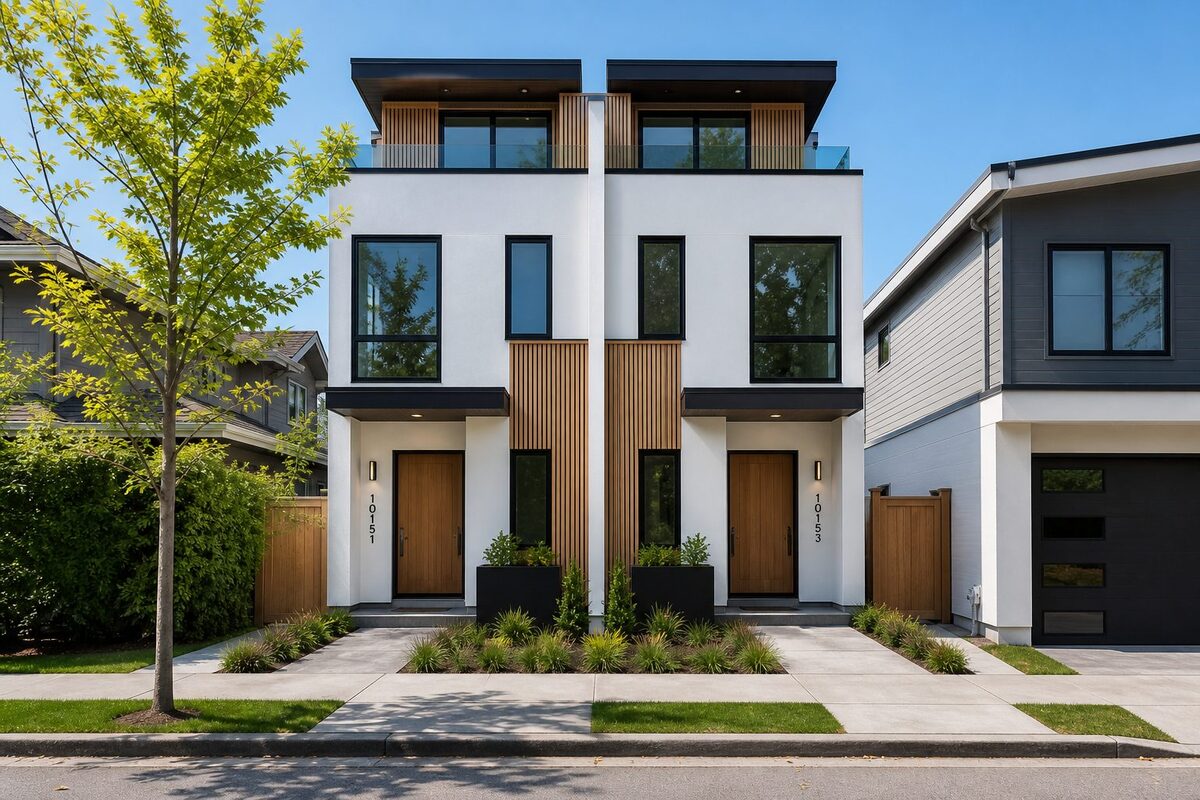A white stucco home with cedar clad bays and two front doors side by side under one roofline